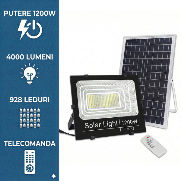 Proiector Solar Jortan 1200W, 928 LED, 4000 Lumeni, Baterie LiFePO4 40.000 mAh, IP67, Telecomandă