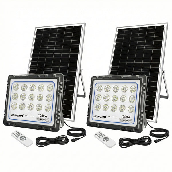 Set 2 Proiectoare Solare Jortan HONOR 1000W, 225 LED 2835,4000 Lumeni Baterie 40000 mAh, Telecomandă + Fotocelulă, IP66 (Negru)