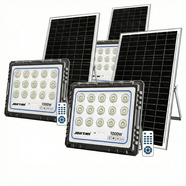 Set 3 Proiectoare Solare Jortan HONOR 1000W, 225 LED 2835,4000 Lumeni Baterie 40000 mAh, Telecomandă + Fotocelulă, IP66 (Negru)