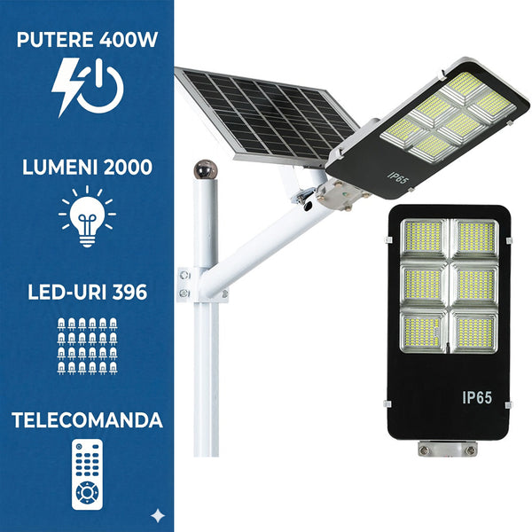 Lampă Stradală Solară Jortan TB-400W, 2000LM, 396 LED 5730, Telecomandă + Fotocelulă, IP66 (Gri)