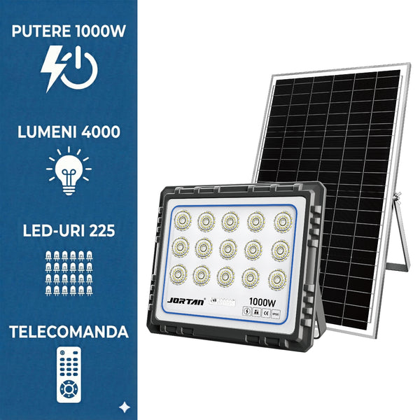 Proiector Solar Jortan HONOR 1000W, 225 LED 2835,4000 Lumeni Baterie 40000 mAh, Telecomandă + Fotocelulă, IP66 (Negru)