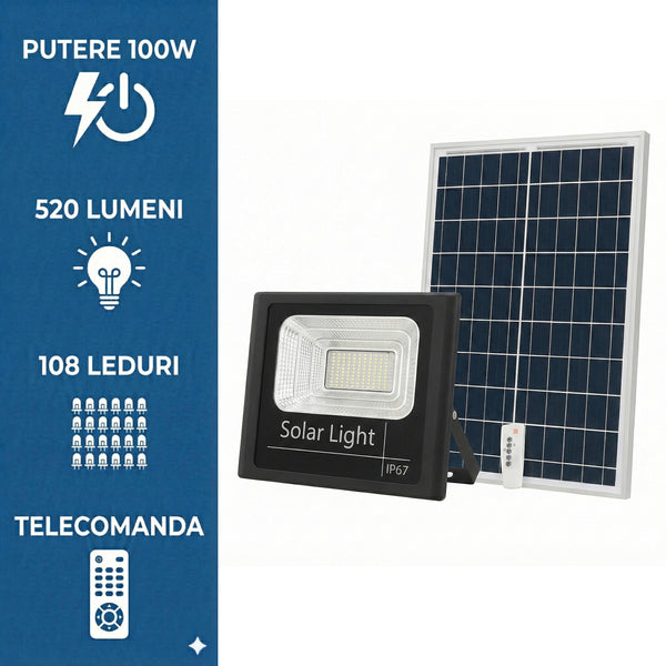 Proiector Solar Jortan 100W, 520LM, 108 LED YY2835, Baterie 4500 mAh, Telecomandă + Fotocelulă, IP66 (Negru)