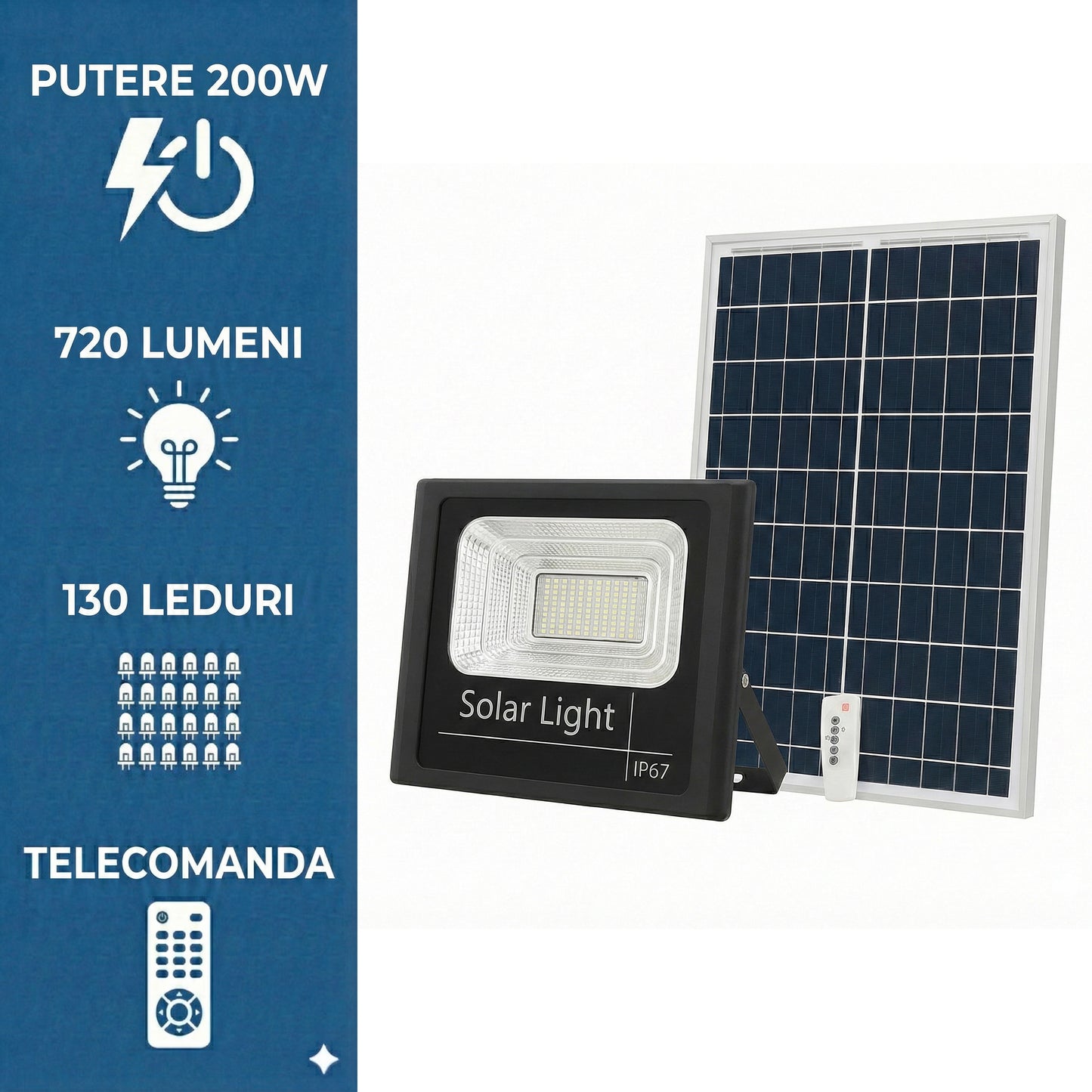 Proiector Solar Jortan 200W, 720LM, 130 LED YY2835, Baterie 6500 mAh, Telecomandă + Fotocelulă, IP66 (Negru)